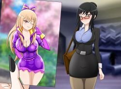 1girls before_and_after black_hair black_jacket black_skirt blonde_hair blue_shirt breasts dress elbow_gloves glasses gloves hairbow hairbun hairclip handbag holding_picture jacket jacketfreak kitagawa_marin large_breasts long_hair looking_at_viewer office_lady pantyhose pencil_skirt picture pink_eyes purple_dress shirt skirt sono_bisque_doll_wa_koi_wo_suru zipper zipper_dress