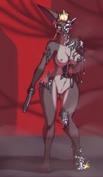 android animatronic anthro blonde_hair blue_eyes breasts cables canine claws damaged eyewear female fur glasses gun hair handgun jackal long_ears machine mammal metal nipples pistol pussy ranged_weapon robot smoke sparks talynn toe_claws weapon wires zafyr_(talynn)