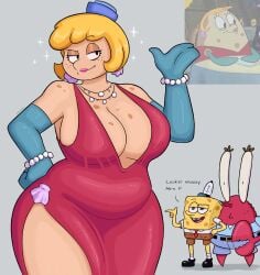 1girls 2boys anthro arrogant belt blonde_hair blue_pants blue_shirt bracelet breasts chubby chubby_female cleavage clothing crab crustacean dialogue dress ear_piercing female fish hat huge_breasts huge_thighs large_breasts large_thighs male mature mature_female mature_male milf mr_krabs mrs._puff necklace nickelodeon open_mouth overweight overweight_female pearl_bracelet pufferfish red_body red_dress sea_sponge sketchfins smile spongebob_squarepants spongebob_squarepants_(character) tagme thick_thighs twitter_link voluptuous voluptuous_female wide_hips