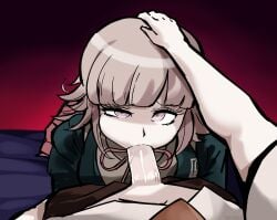 1boy 1girls blowjob blowjob_face clothed clothed_sex danganronpa danganronpa_2:_goodbye_despair fellatio gray_hair hinata_hajime looking_at_viewer looking_up nanami_chiaki pov school_uniform triplestabber