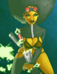 1girls 2006 afro big_breasts black_hair breasts dark-skinned_female dark_skin female goggles_on_head nipples nipples_visible_through_clothing original solo tagme_(artist) translucent_clothing