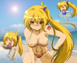 akita_neru bare_legs barefoot beach bikini blonde_hair blue_sky blush breasts cleavage climbing dr_crptoso fanloid feet female female_only hair_ornament long_hair looking_at_viewer nail_polish open_mouth ponytail school_swimsuit sidetail solo standing sun swimsuit thighs vocaloid yellow_eyes yellow_nails