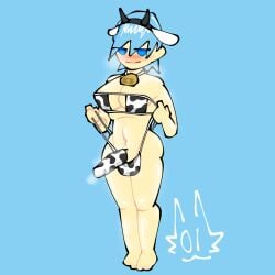 1futa 1futanari blue_eyes blue_hair blush cock_sleeve cock_sleeve_(clothes) cock_sock cocksleeve cow_bell cow_ears cow_ears_headband cow_headband cow_horns cow_horns_headband cow_pattern cow_print cow_print_bikini dickgirl futanari half-closed_eyes headband intersex light-skinned_female light-skinned_futanari light_skin looking_at_viewer musk musk_clouds musky musky_cock oc original_character penis self_upload short_hair smug solo solo_dickgirl solo_futa solo_futanari stage-01