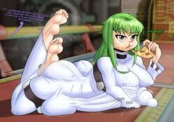 1girls ass balls big_cock big_penis bulge c.c. code_geass feet female_only fully_clothed futa_only futanari green_hair koshair lelouch_lamperouge light-skinned_female light_skin penis pizza