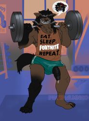 absurd_res anthro bodily_fluids bottomwear brown_body brown_fur canid canine canis clothing cybernetic_limb dripping epic_games exercise fortnite fur genital_fluids genitals gym hair hair_over_eye hi_res male mammal penis penis_poking_out pinkpalmingo precum precum_drip public public_nudity shirt shorts solo tank_top topwear weightlifting weights wolf workout