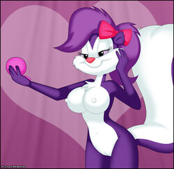 2016 anthro big_tail breasts chest_tuft cute female fifi_la_fume fluffy fluffy_tail fur furry furry_only hair hair_ribbon hairbow heart mammal multicolored_fur naked navel nipples nude purple_background purple_fur purple_hair purple_sclera pussy ribbons simple_background skunk smile smooth_fur tail tiny_toon_adventures tuft two_tone_fur verona7881 warner_brothers white_fur