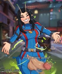 1futa 2d areolae big_breasts censored female futa_only futanari futanari_only guardians_of_the_galaxy hug_invitation hugging mantis_(marvel) mantis_(marvel_rivals) marvel marvel_rivals nude_version_available pov smile supercakes torn_clothes torn_clothing