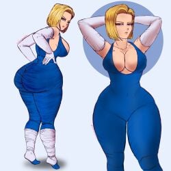 2girls android_18 big_ass big_breasts big_thighs blonde_hair blue_eyes cel_shading cleavage dragon_ball fat_ass female female_focus female_only hands_behind_head hands_on_hips huge_ass huge_breasts juicy_ass masochistmaverick pawg thick_ass thick_thighs tight_clothes tight_clothing tight_fit