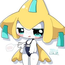 blush blush_lines chibi cute embarrassed embarrassed_male japanese_text jirachi male nintendo nipples pokemon pokemon_(species) sweat swimsuit turquoise_eyes white_body