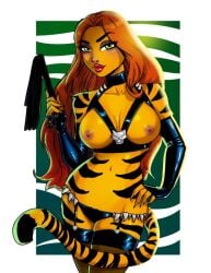 artist_request breasts_exposed dominatrix_outfit greer_nelson hand_on_hip looking_at_viewer marvel tagme tiger_humanoid tigra whip