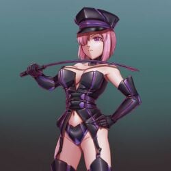 1girls black_corset black_panties breasts choker corset dominatrix elbow_gloves fate/grand_order fate_(series) garter_straps gloves hair_over_one_eye hand_on_hip hat holding_riding_crop large_breasts leebigtree mash_kyrielight midriff navel panties pink_eyes pink_hair riding_crop short_hair thighhighs whip