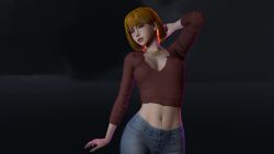 3d 3d_(artwork) crashbanditkut female jeans navel_piercing necklace no_bra pose purple_eyes queen_of_spades shirt small_breasts solo_female virtamate yellow_hair