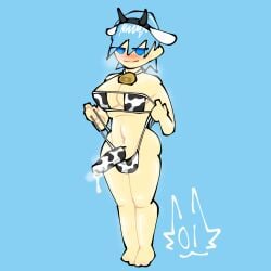 1futa 1futanari blue_eyes blue_hair blush cock_sleeve_(clothes) cock_sock cocksleeve cow_bell cow_ears cow_ears_headband cow_headband cow_horns cow_horns_headband cow_pattern cow_print cow_print_bikini cum cum_drip cum_through cum_through_clothes cum_through_clothing dickgirl futanari half-closed_eyes headband intersex light-skinned_female light-skinned_futanari light_skin looking_at_viewer musk musk_clouds musky musky_cock oc original_character penis precum precum_drip self_upload short_hair smug solo solo_dickgirl solo_futa solo_futanari stage-01