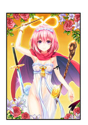 armpits bottomless breasts cape cleavage female flower hair_between_eyes momo_velia_deviluke nipples no_bra pink_hair purple_eyes see-through short_hair small_breasts smile solo_focus staff sword to_love-ru to_love-ru_darkness weapon yabuki_kentarou