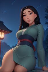 1girls ai_generated architecture arm_support artist_name black_eyes black_hair breasts disney disney_princess east_asian_architecture fa_mulan green_kimono hi_res japanese_clothes kimono lantern large_breasts lips long_hair long_sleeves looking_at_viewer mulan mulan_(1998_film) night night_sky obi outdoors parted_lips patreon_username rule34lab sash shooting_star sitting sky solo teeth thighs