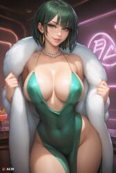 1girls acw ai_generated cleavage cocktail_dress curvy fubuki_(one-punch_man) fur_coat green_eyes green_hair hoop_earrings large_breasts light-skinned_female looking_at_viewer medium_hair pearl_necklace smile solo solo_female voluptuous