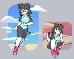 anthro anthro_only black_fur canine canine dog_ears dog_girl fur furry furry_only looking_at_viewer one-piece_swimsuit runebellarts squatting tail white_fur