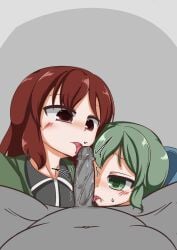 blowjob blush blush double_fellatio gray_body green_hair len'en licking_penis nishio_(higan53) penis red_hair shitodo_aoji shitodo_hooaka siblings tongue tongue_out wet_penis