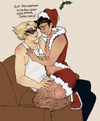 arm_hair black_hair black_hair_male blonde_hair blonde_hair blonde_hair blonde_hair blonde_hair_male body_hair chest_hair christmas christmas_clothing christmas_hat christmas_headwear christmas_outfit col dialogue dirk_strider freckles freckles_on_face freckles_on_shoulders glas hair hairy homestuck john_egbert leg_hair male shoes short_hair short_hair_male shorts spiky_hair sung tank_top text thiccsies