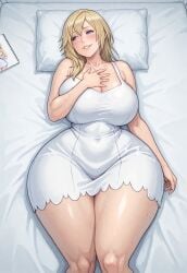 ai_assisted ai_generated big_breasts blonde_female blonde_hair blonde_hair_female blue_eyes blush blushing_female breasts_bigger_than_head civitai detailed_background exposed_breasts front_view grabbing_own_breast hand_on_breast hentai high_resolution highres hourglass_figure huge_breasts huge_thighs indoors kingdom_hearts laying_on_bed looking_away looking_away_from_viewer looking_to_the_side namine nsfw on_bed slim_waist thick_thighs thunder_thighs thunderthighs white_dress wide_hips