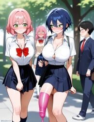 2girls ai_generated big_breasts blue_hair blush condom embarrassed flaccid futanari green_eyes huge_cock looking_at_another park pink_hair public school_uniform short_hair skirt small_waist zynai