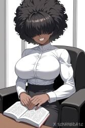 12kaneda12 afro ai_generated dark-skinned_female fully_clothed hair_covering_eyes looking_at_viewer muscular_female sfw watermark