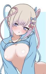 all_fours areola_slip bottomless chouzetsusaikawa_tenshi-chan full-face_blush medium_breasts naughty_face needy_girl_overdose needy_streamer_overload no_panties paid_reward_available pasties shirt_lift