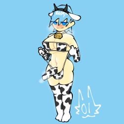 1futa 1futanari 5_sock_outfit blue_eyes blue_hair blush cow_bell cow_ears cow_ears_headband cow_headband cow_horns cow_horns_headband cow_pattern cow_print cow_print_armwear cow_print_bikini cow_print_gloves cow_print_legwear cow_print_thighhighs dickgirl futanari half-closed_eyes headband intersex light-skinned_female light-skinned_futanari light_skin looking_at_viewer mostly_nude mostly_nude_futanari musk musk_clouds musky musky_cock oc original_character partially_clothed penis self_upload short_hair smug solo solo_dickgirl solo_futa solo_futanari stage-01