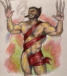 balls bara body_hair bulge cigar flaccid james_howlett male male_only marvel marvel_comics muscles muscular nude_guy_wrapped_in_ribbons_standing_(meme) penis ribbon saltmatey sideburns solo solo_male wolverine_(x-men) x-men