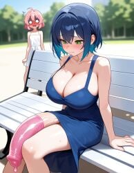 2girls ai_generated bench big_breasts blue_hair blush condom dress embarrassed flaccid futanari green_eyes huge_cock looking_at_another park pink_hair public short_hair sitting small_breasts small_waist zynai