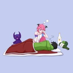 after_sex alcohol alcohol_bottle asleep camila_(vtuber) cimp_(camila) drunk hickey hickey_marks hickeys indie_virtual_youtuber panties_off panties_on_head simple_background sleeping sleepy szpecter vedal987 virtual_youtuber waking_up