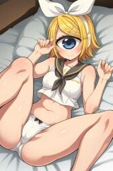 1girl ai_generated bed blonde_hair blush breasts crop_top cyclops eye_of_rah female hairpin happy kagamine_rin monster_girl open_legs panties room short_hair smile vocaloid white_bow white_hair_bow white_panties