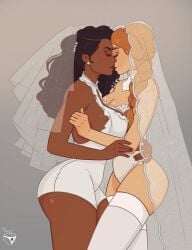 2girls blonde_hair braided_hair breasts bride brown_hair closed_eyes dress earrings hornyx hugging kissing kissing large_breasts leotard long_hair mole mole_under_mouth original thighhighs veil wedding_dress white_dress white_leotard wife_and_wife yuri