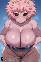 1girls ai_generated areola_slip bare_shoulders bikini black_sclera blue_background blush boku_no_hero_academia breasts cleavage collarbone colored_sclera colored_skin curvy horns huge_breasts leaning_forward looking_at_viewer mina_ashido my_hero_academia navel parted_lips pink_hair pink_skin short_hair solo sweat swimsuit thigh_gap thighs unjobdespiert wet yellow_eyes