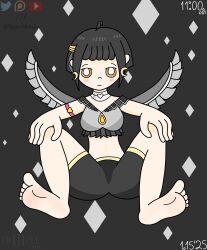 2020s 2025 bangs bare_legs barefoot black_hair black_shorts blush blush_stickers closed_smile clothed color dark_gray_background dated diamond_background earrings front_view goddess gold_trim hair_tuft hands_on_knees hazel_eyes jewelery just_kill_me just_kill_me_3 legs_apart light_smile love_band medium_hair moon_(symbol) mostly_clothed navel nekhbet_(just_kill_me) no_furry no_sex pink_love_band self_upload shorts sidelocks sitting sitting_on_floor smile soles triiiple805_(nexusvalhalla) watermark wings