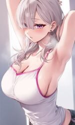 1girls ai_generated armpit_fetish armpits arms_up breasts busty female female_only large_breasts looking_at_viewer no_bra original purple_eyes sideboob solo tank_top white_hair