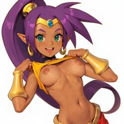 ai_generated breasts breasts_out dark_skin green_eyes navel nipples purple_hair shantae shantae_(character) top_lift