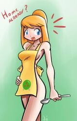 1girls apron apron_only blonde_hair blue_eyes breasts cleavage dialogue female female_only green_background jopereira light-skinned_female light_skin metroid nintendo partially_nude samus_aran sideboob solo solo_female source_request