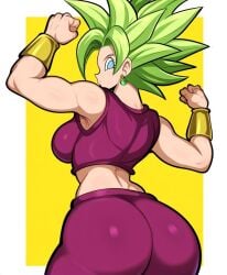 1female 1girls ai ai_generated back_view big_ass big_breasts curvy dragon_ball dragon_ball_super female flexing_arms hands_up kefla looking_at_viewer looking_back view_from_back