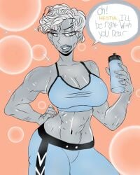 athena athena_(lore_olympus) athletic athletic_female big_breasts breasts clothed clothing female female_focus female_only grey grey_body grey_hair grey_skin lore_olympus lure_of_selly muscle_mommy muscles muscular muscular_female not_porn sfw short_hair solo solo_female suggestive training training_bra water_bottle