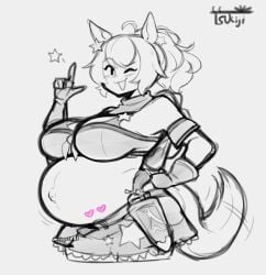 big_breasts cleavage cowgirl female female_only gloves gun horse_ears horse_girl horse_tail huge_breasts looking_at_viewer monochrome ponytail pregnancy_mark pregnancy_tally pregnant ready_to_pop sketch smile star_hair_ornament taiki_shuttle_(umamusume) tied_shirt tsukiji umamusume umamusume_pretty_derby wink