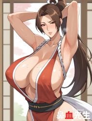 1girls ai_generated armpit_fetish armpits arms_behind_back cleavage fatal_fury hanajisensei huge_breasts king_of_fighters kof kunoichi mai_shiranui mature mature_female ponytail snk solo street_fighter street_fighter_6 sweat the_king_of_fighters thick_thighs 鼻血先生