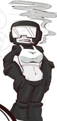 1girls cigar cigarette clothed clothed_female female female female_focus female_only gloves helmet jadedavekarkat midriff monochrome newgrounds pants sfw smoke smoking smoking_cigarette solo solo_female suggestive tank_top tankman tankmen visor