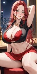 1girls adult ai_generated alcohol arm_behind_head armpit background bangs bare_legs bare_midriff bare_thighs big_breasts black_shirt blouse blush blushing_at_viewer bottle bra breasts city city_background cityscape cleavage collared_shirt commentary_request earrings eyelashes female female_focus female_only forehead green_eyes hair hips huge_breasts indoors inside jewelry lace lace_bra large_breasts lashes lia_the_busty_redhead lips lipstick long_eyelashes long_hair long_lashes looking_at_viewer mature mature_female mature_woman microskirt midriff miniskirt navel necklace needy open_clothes open_shirt original original_character pantyshot parted_bangs pleated_skirt red_bra red_hair seductive seductive_look seductive_smile self_upload shirt short_skirt sitting sitting_on_chair skirt smile smiling smiling_at_viewer solo solo_female solo_focus straps suggestive suggestive_look suggestive_pose tagme thick_thighs thighs thong thong_straps unbottoned_shirt underwear wanting_sex wavy_hair wide_hips window woman