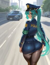 1girls ai_generated armband arrogant ass ass_grab blue_eyes blue_hair car from_behind goonedoutp3rv grabbing_ass hair_between_eyes hair_ornament hatsune_miku huge_ass large_ass leggings long_hair looking_at_viewer looking_back police police_badge police_hat police_uniform policewoman road slim_waist smirk solo street twintails vocaloid