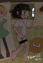 absurdres asymmetrical_horns bed black_hair bottomless broken_horn dakimakura_(object) female female_masturbation glasses highres higurashi_no_naku_koro_ni horns houjou_satoko ikuta_semi inkling itou_kaori_(vtuber) masturbation medium_hair nail_polish nintendo_switch on_bed original pillow round_eyewear