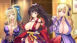 3girls black_hair blonde_hair breasts cleavage clothed_female depression dress edited_image esutoria game_cg gigantic_breasts huge_breasts isis_petrovna_ellenskaia kashima_hikari kyonyuu_fantasy kyonyuu_fantasy_gaiden kyonyuu_fantasy_gaiden_2 large_breasts long_hair massive_breasts multiple_girls princess purple_dress queen sad_face sex_open_world_e_youkoso! tiara