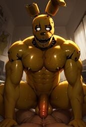 2boys ai_generated anal_sex animatronic anthro balls ballshumanoid bara bed bedroom big_pecs big_penis bodily_fluids erection five_nights_at_freddy's five_nights_at_freddy's_3 fnaf furry gay green_body human human_on_anthro human_penetrating_anthro looking_at_viewer male male_only moan muscular muscular_male nipples nude on_bed open_mouth pecs penetration penis rabbit robot scottgames sitting_on_lap sitting_on_person springtrap springtrap_(fnaf) sweat sweating