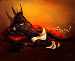 1boy anthro azazel canine deity jackal lying male male_only mammal penis pose postey solo