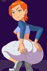 1girls anus back back_view ben_10 breasts breasts_out cartoon_network clothed clothed_female clothing color earrings female female_only from_behind grabbing grabbing_ass green_eyes gwen_tennyson gwen_tennyson_(classic) hairclip hands_on_ass long_sleeves looking_back orange_hair pants purple_background pussy saifernsfw shirt shoes short_hair small_breasts smile smiling_at_viewer spread_anus spreading